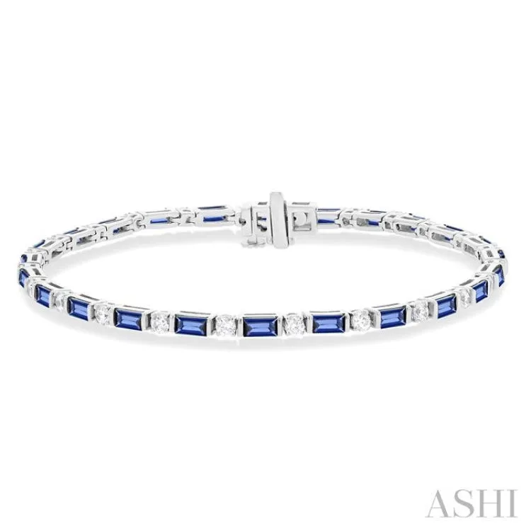 1 1/10 ctw Art Deco 4X2MM Baguette Cut Sapphire and Round Cut Diamond Precious Tennis Bracelet in 14K White Gold