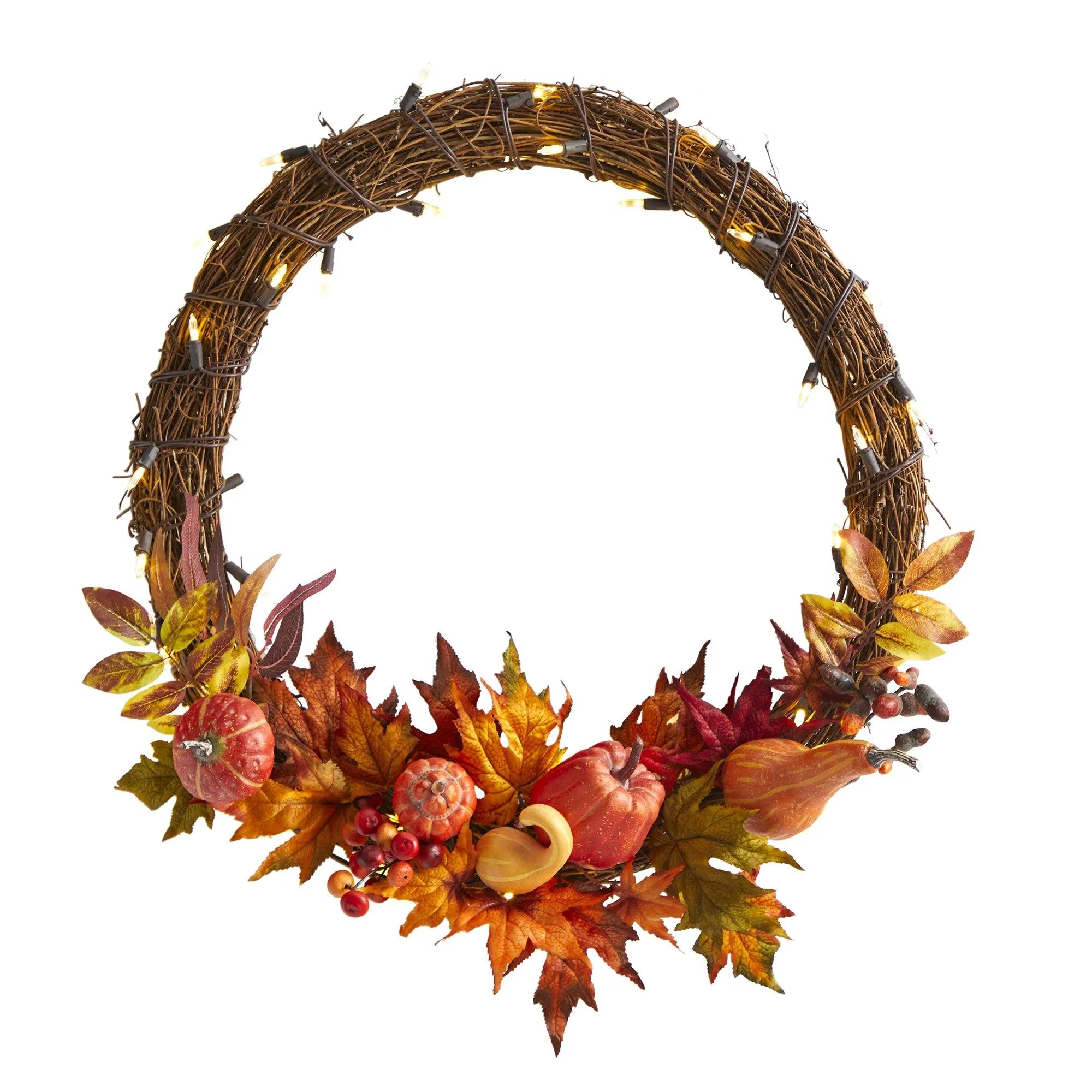 22” Pumpkin and Maple Artificial Autumn Wreath with 50 Warm White LED Lights