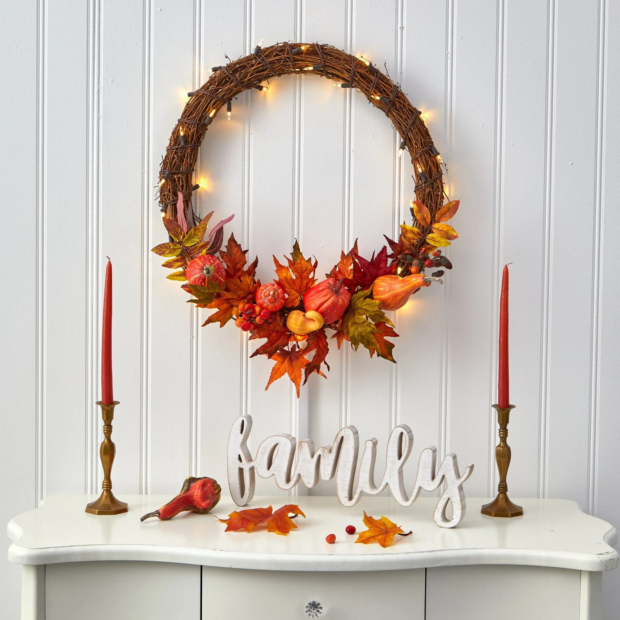 22” Pumpkin and Maple Artificial Autumn Wreath with 50 Warm White LED Lights