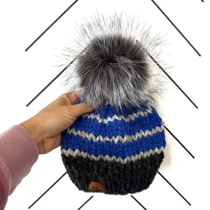 6-12 month Baby Knit Pom Hat | Charcoal Gray   Royal Blue