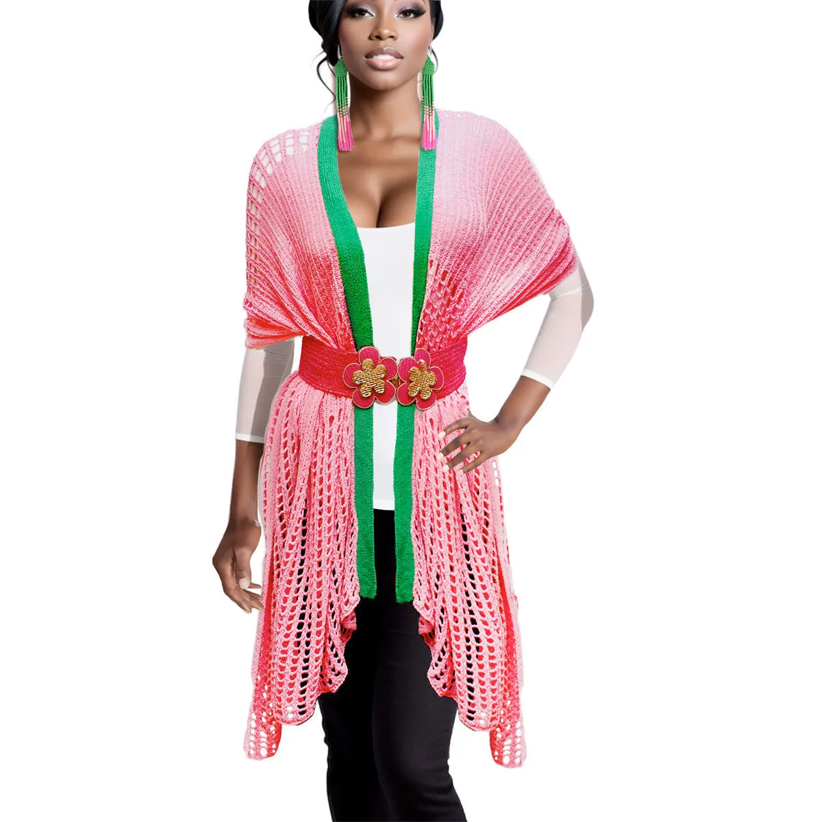 Alpha Kappa Alpha AKA Inspired Ruana Kimono Pink and Green Crochet