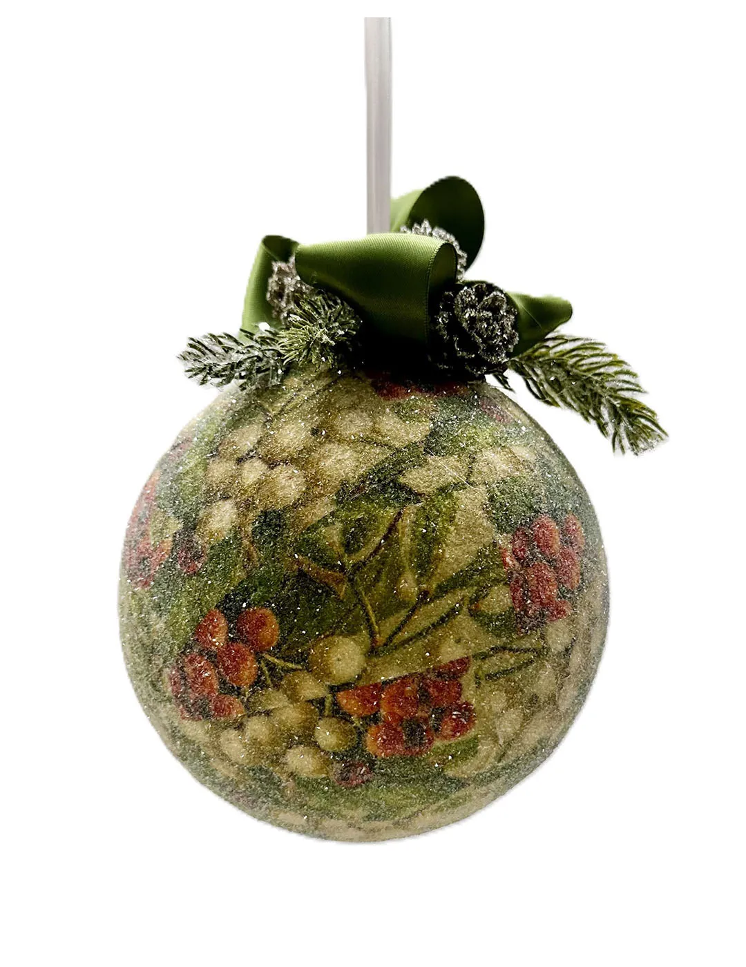 Berries and Bird Decoupage Bauble Ornament - Pine