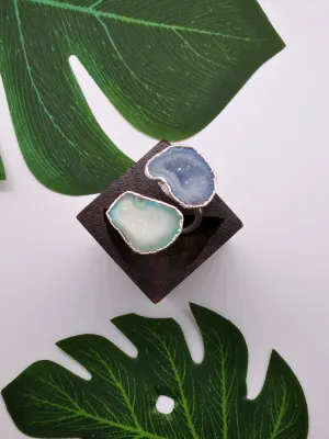 Blue and Mint Green Double Geode Druzy Silver Ring