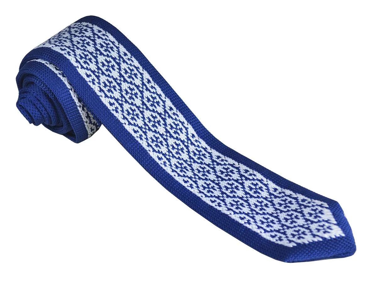 Blue and White Patterned Knit Tie by Paul Malone