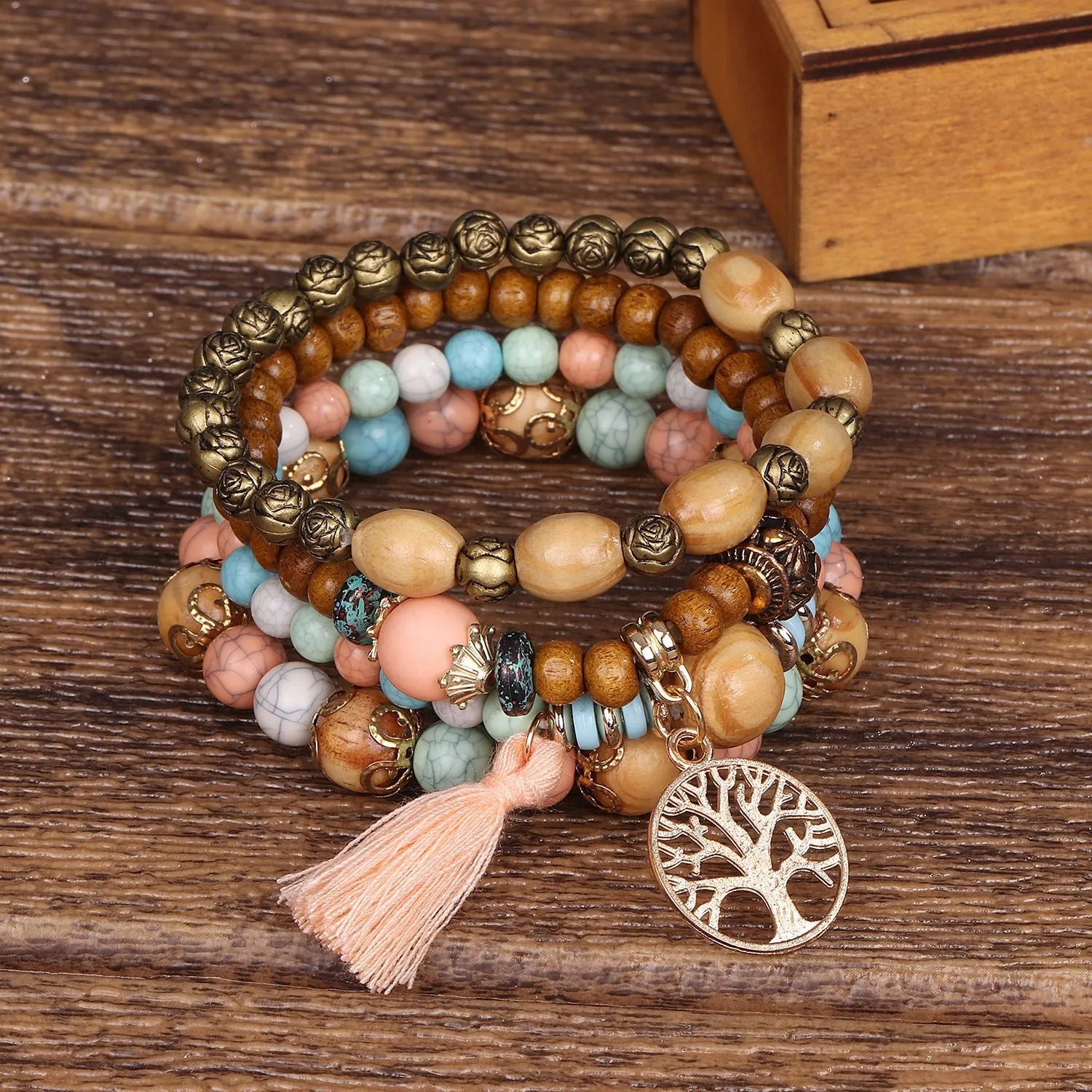 Boho Multilayer Wooden  Stretch Bracelet