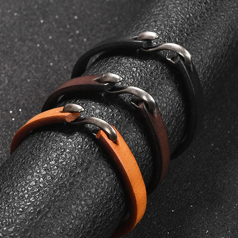 Classic Retro S Shape Stainless Steel Clasp Casual Leather Bracelets Men Couple Punk Fashion Outdoor Vintage Charm Bracelet Gift