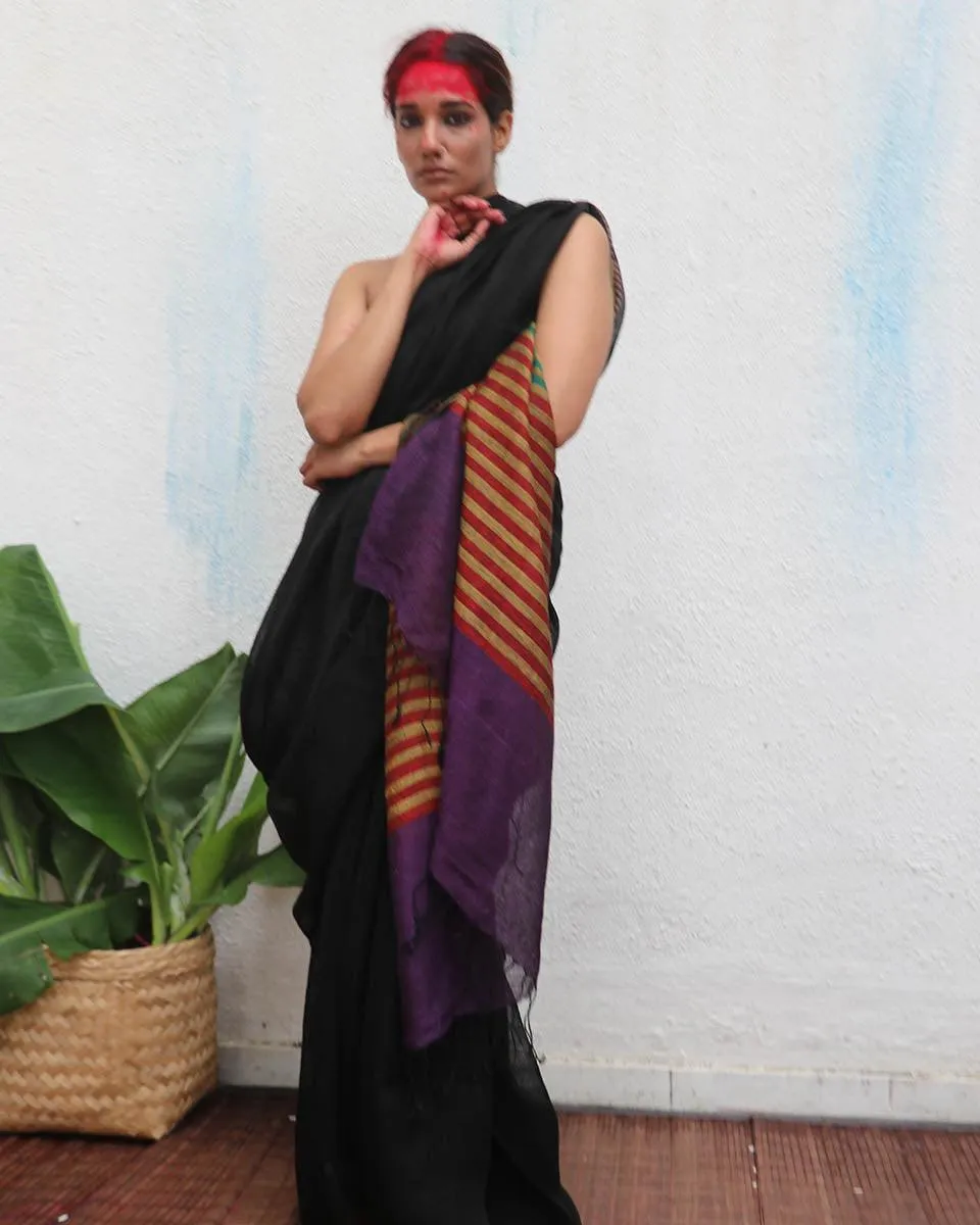 Devakanya Handwoven Linen Saree - Kaali