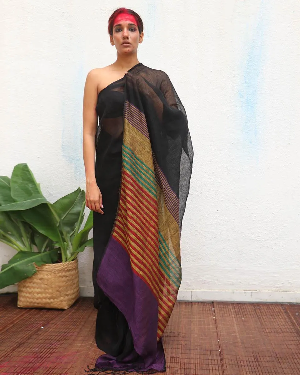 Devakanya Handwoven Linen Saree - Kaali