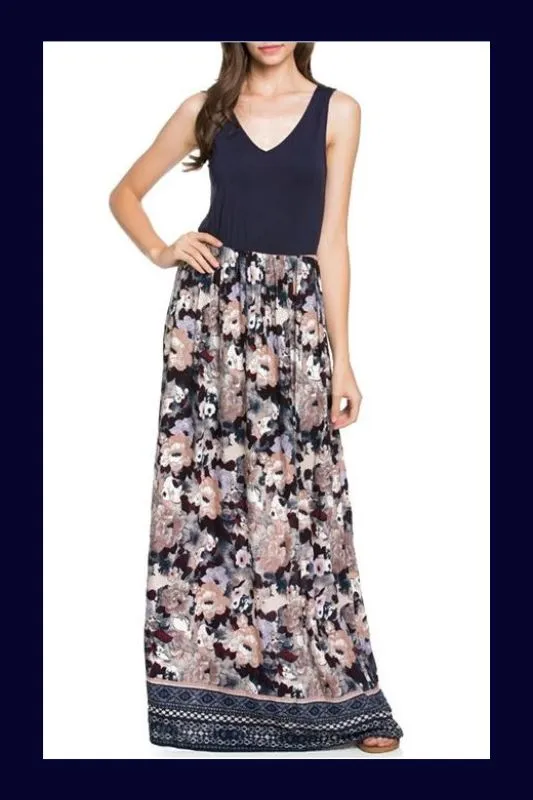 Doe & Rae Floral Print Jersey Maxi Dress - Navy