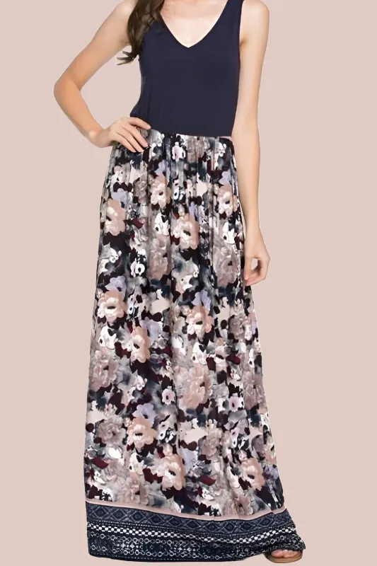 Doe & Rae Floral Print Jersey Maxi Dress - Navy