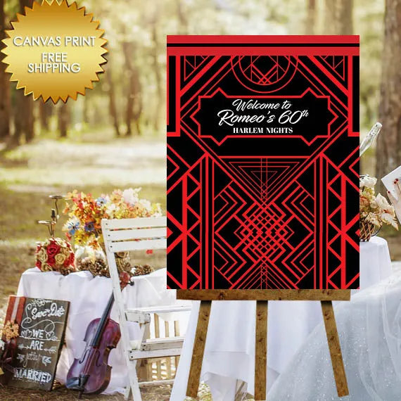 Gatsby Red and Black 60th Birthday Party Welcome Canvas Sign