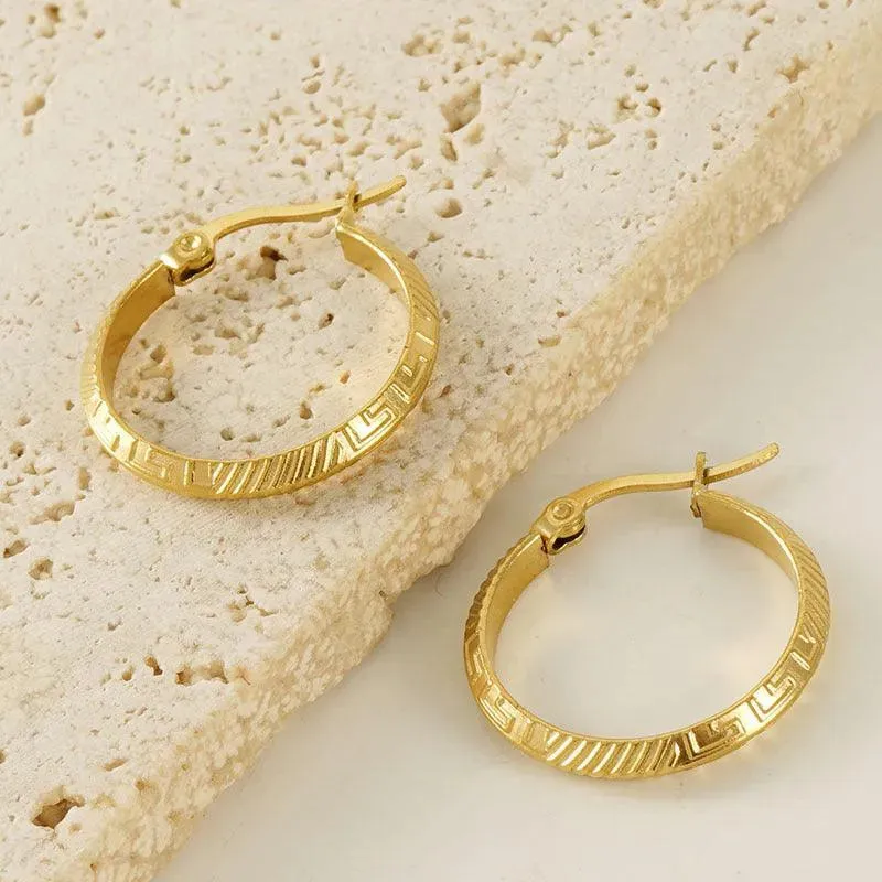 Gold-Plated Greek Pattern Hoop Earrings – Elegant and Durable