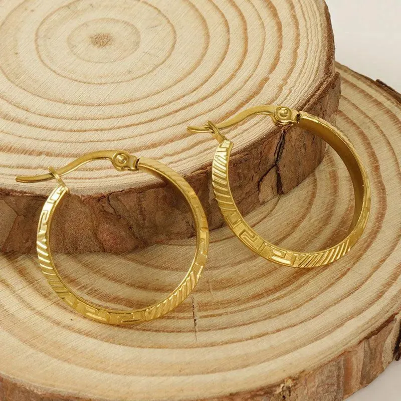 Gold-Plated Greek Pattern Hoop Earrings – Elegant and Durable