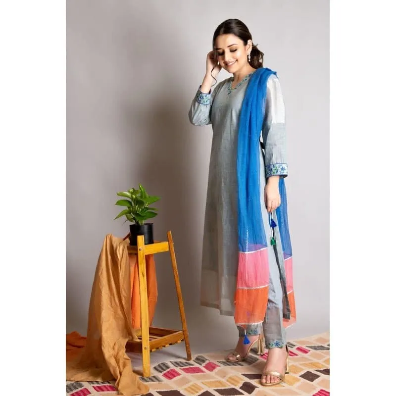 Grey linen hand  Embroidered Kurta set