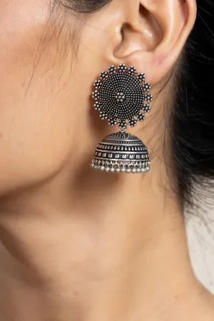 Handmade Designer German Silver Floral Stud Jhumka Earrings - Lightweight, Oxidized Finish, Perfect for All Occasions