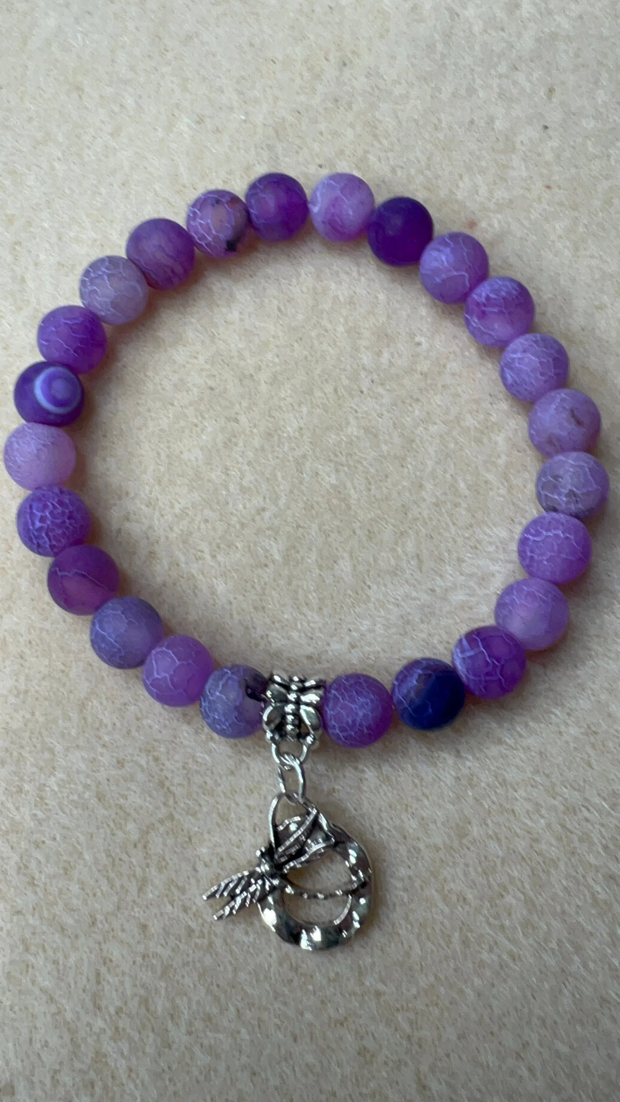 Lavender Frosted Crackle Agate 2-piece Stretch Bracelets with Dragonfly Charms