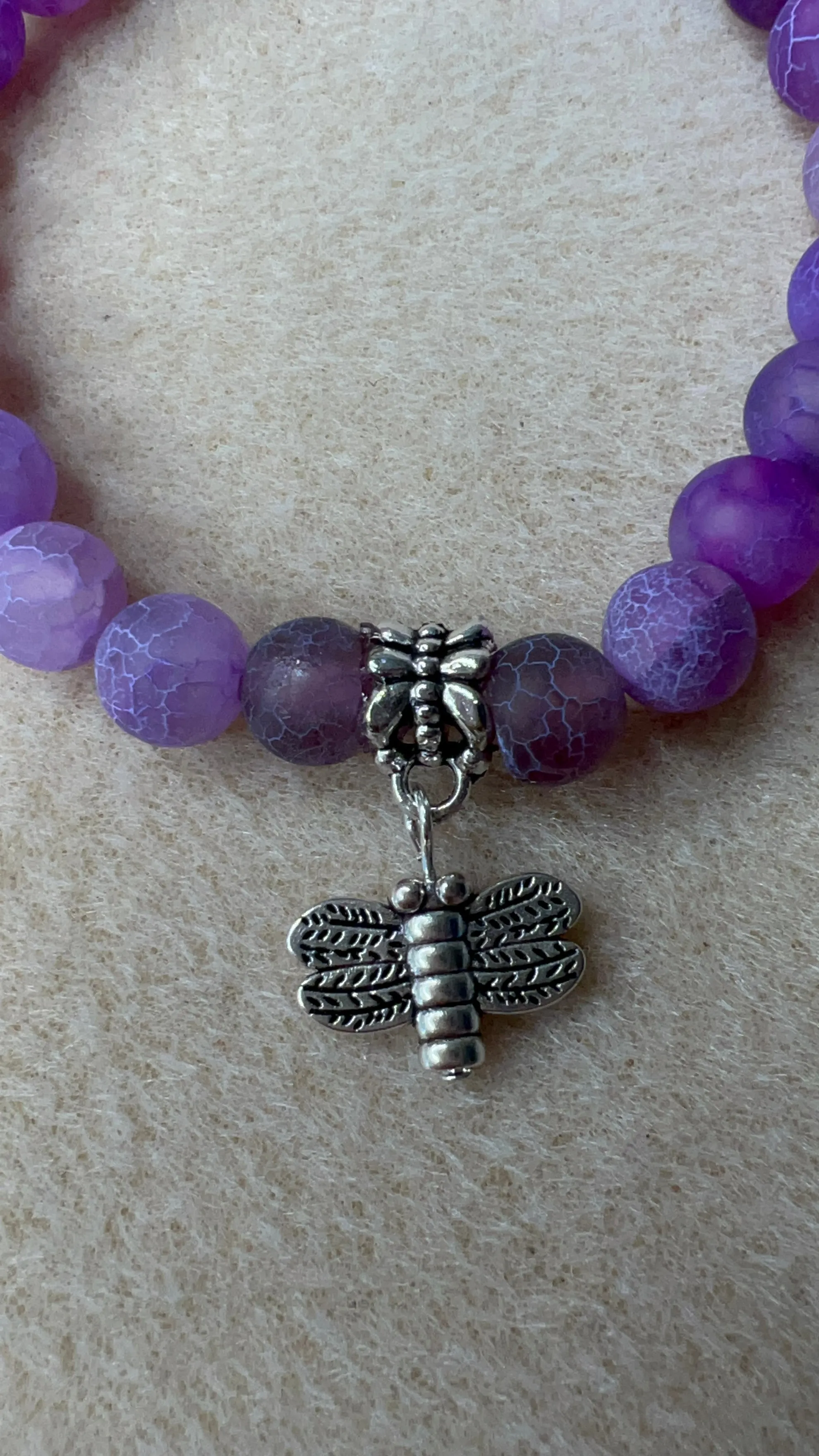 Lavender Frosted Crackle Agate 2-piece Stretch Bracelets with Dragonfly Charms