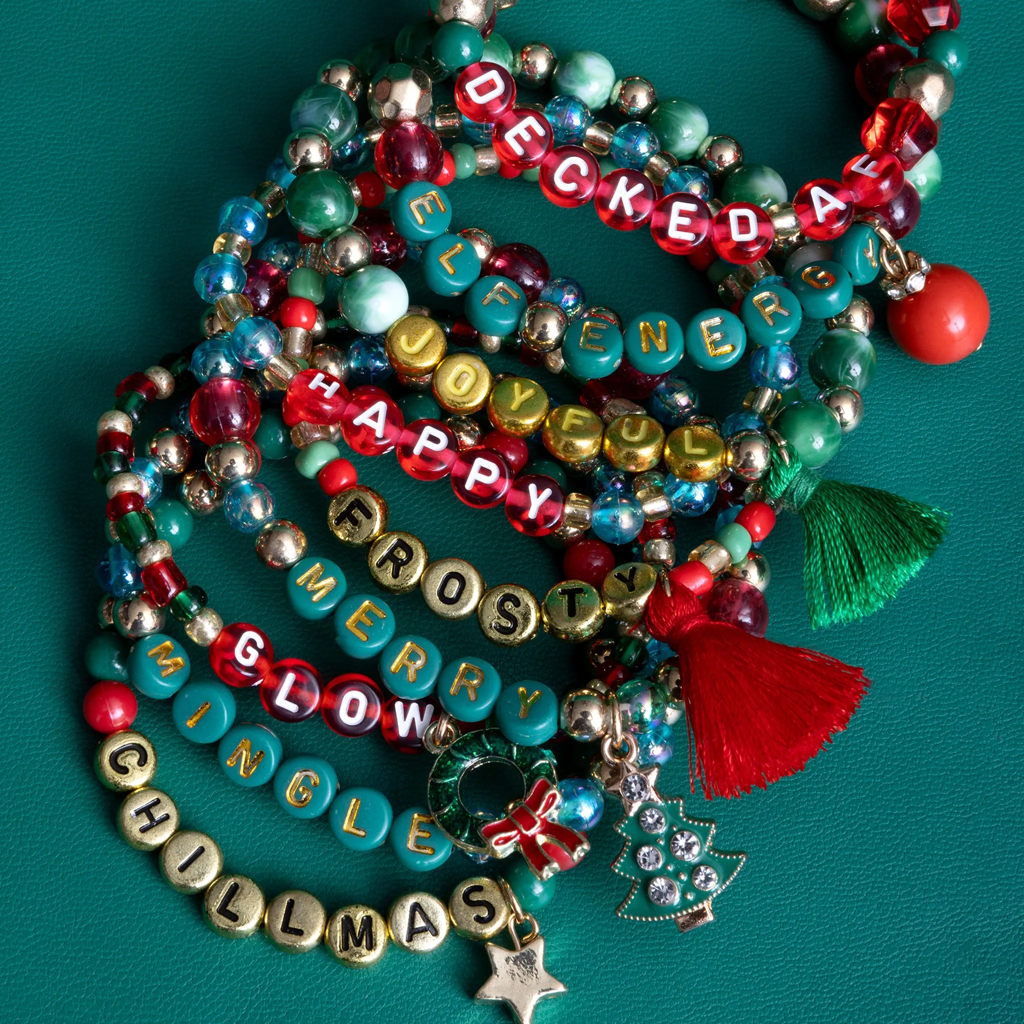 Metallic Gold, Green, and Red Holiday Alphabet DIY Bead Box