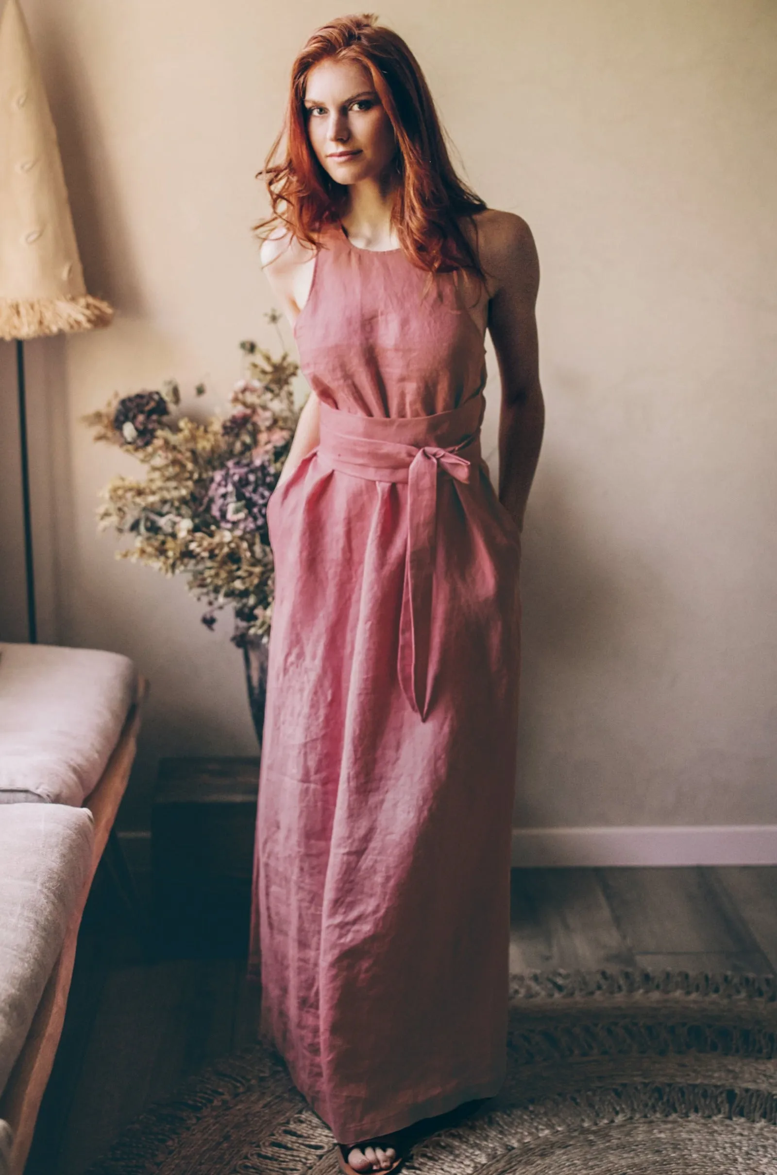 Minimalist Linen Maxi Dress with Tie Belt