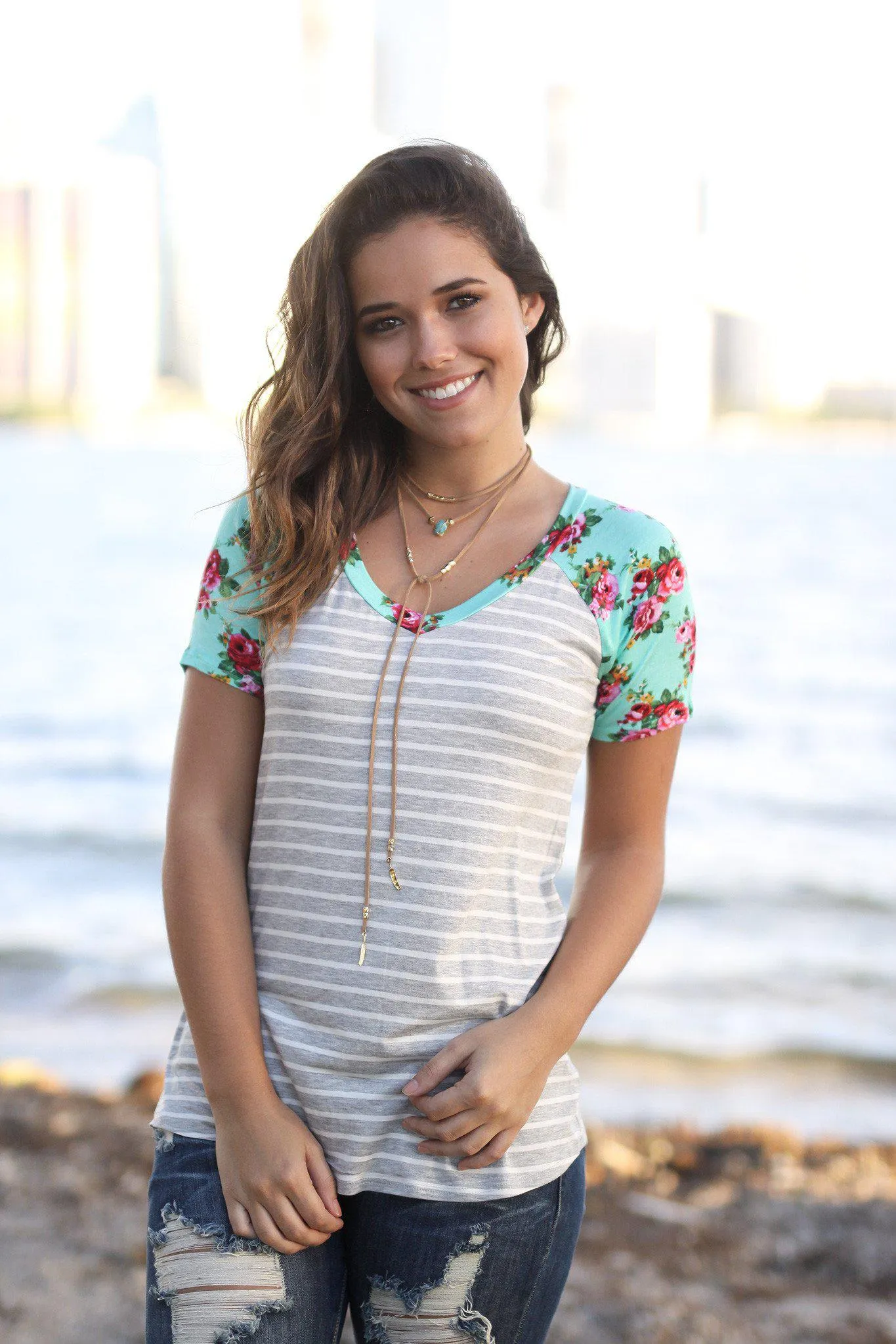 Mint and Gray Striped Top with Floral Sleeves