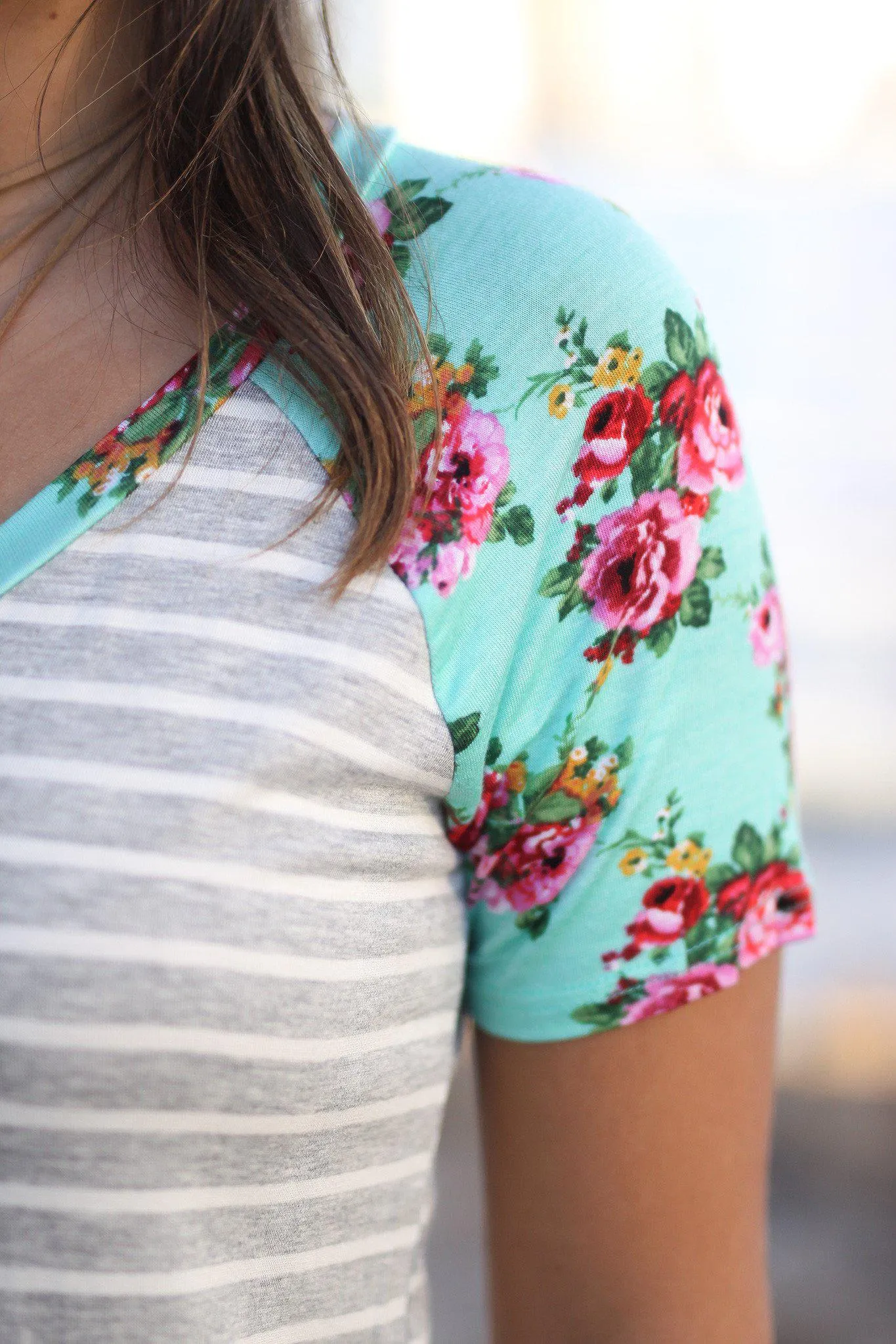 Mint and Gray Striped Top with Floral Sleeves