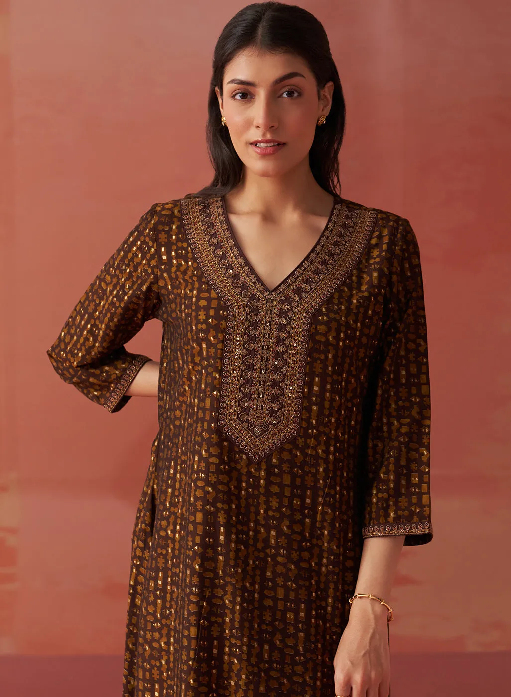 Nazia Coffee Brown Printed Co-ord Set for Women