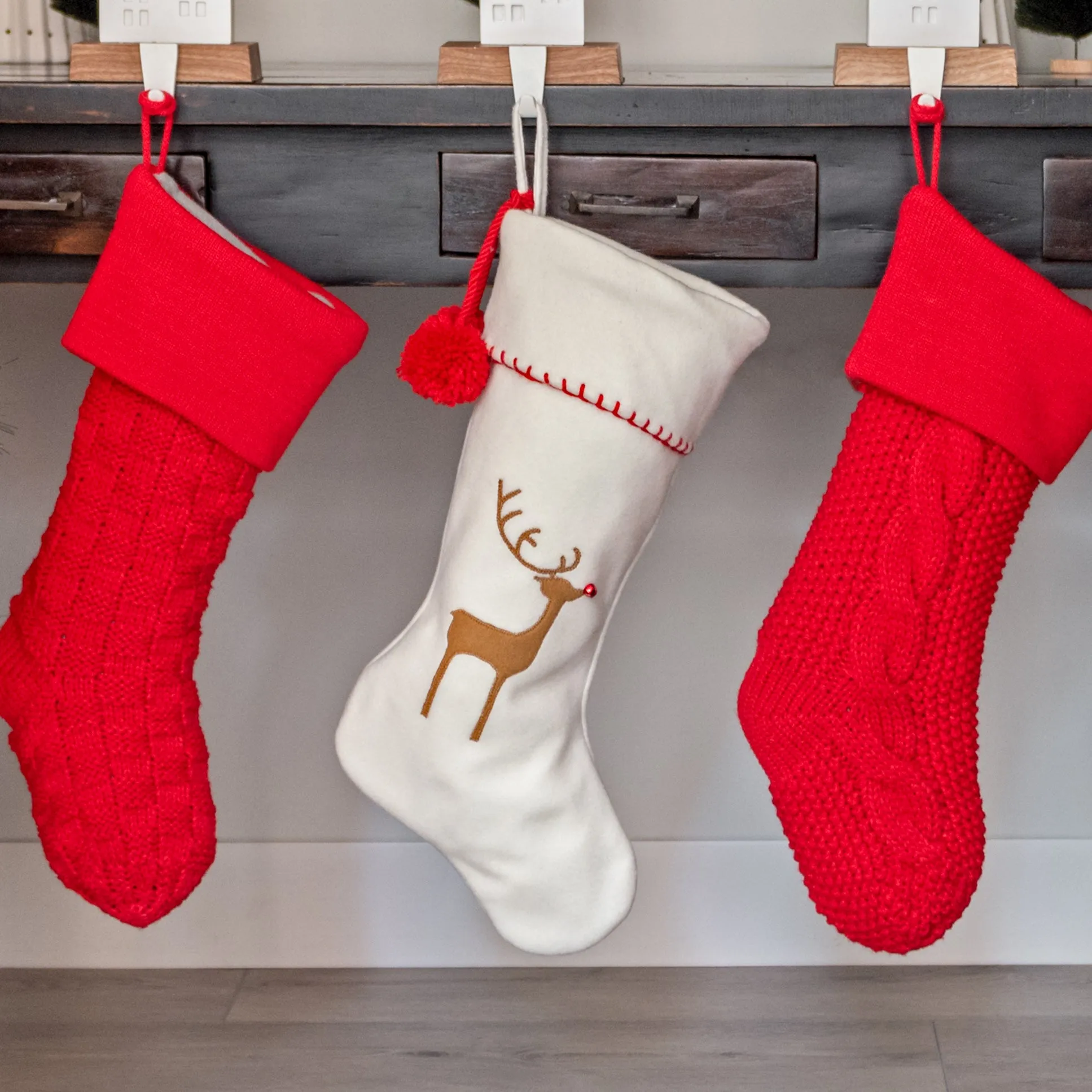 Off-White Cute Reindeer Felt Stocking with Jingle Bell Detail