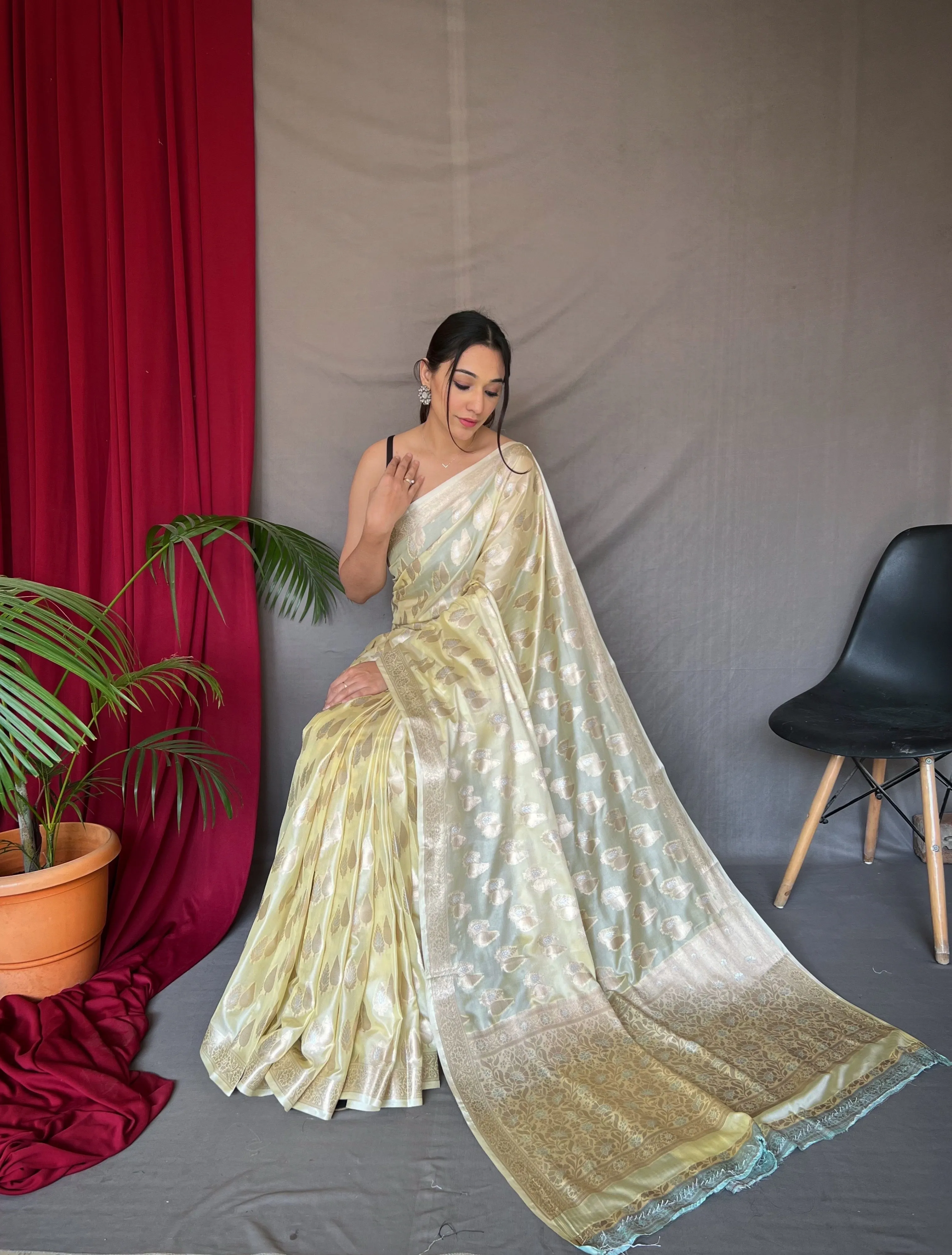 Pastel Yellow Saree in Tabby Soft Silk Woven