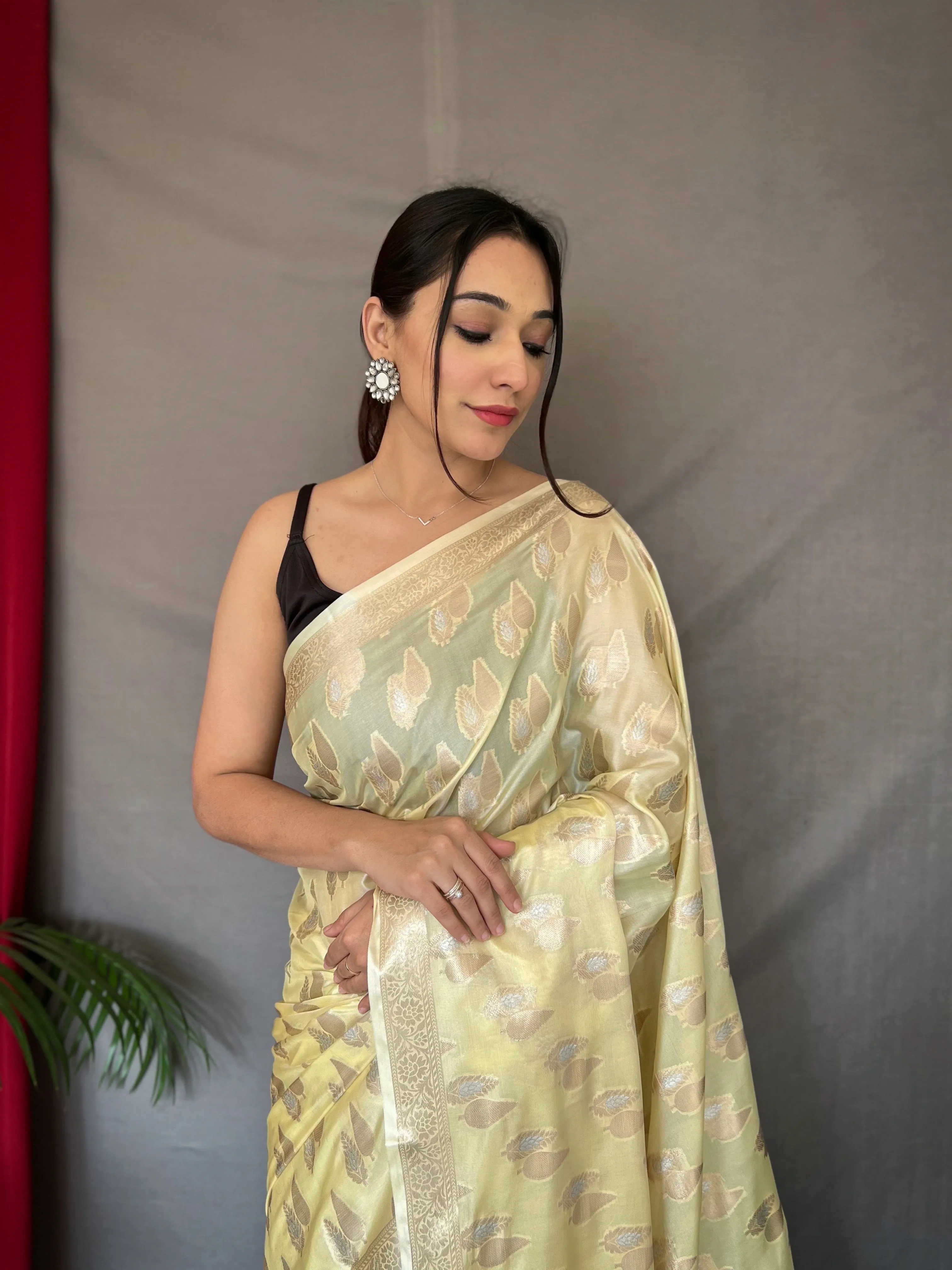 Pastel Yellow Saree in Tabby Soft Silk Woven