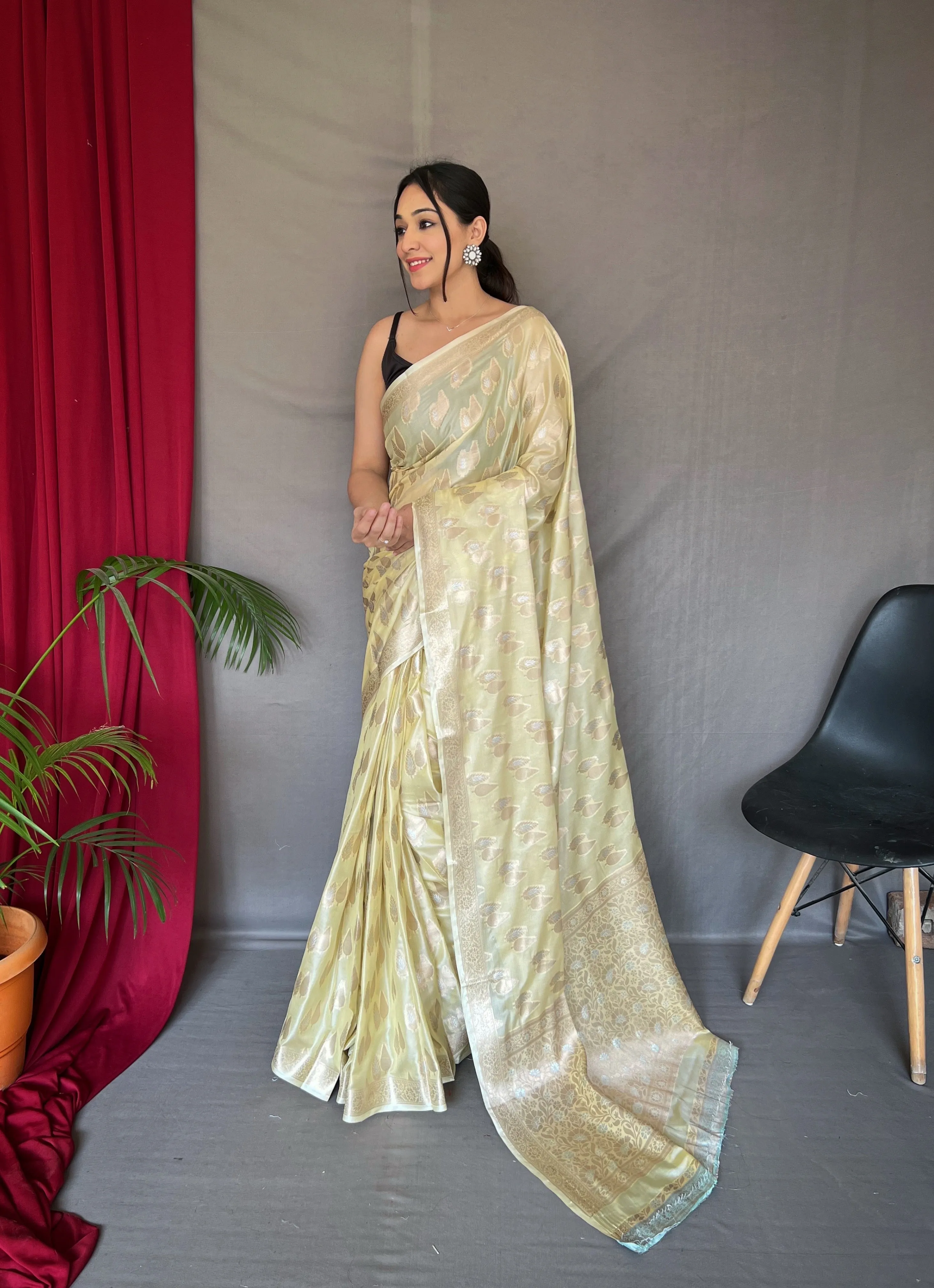 Pastel Yellow Saree in Tabby Soft Silk Woven