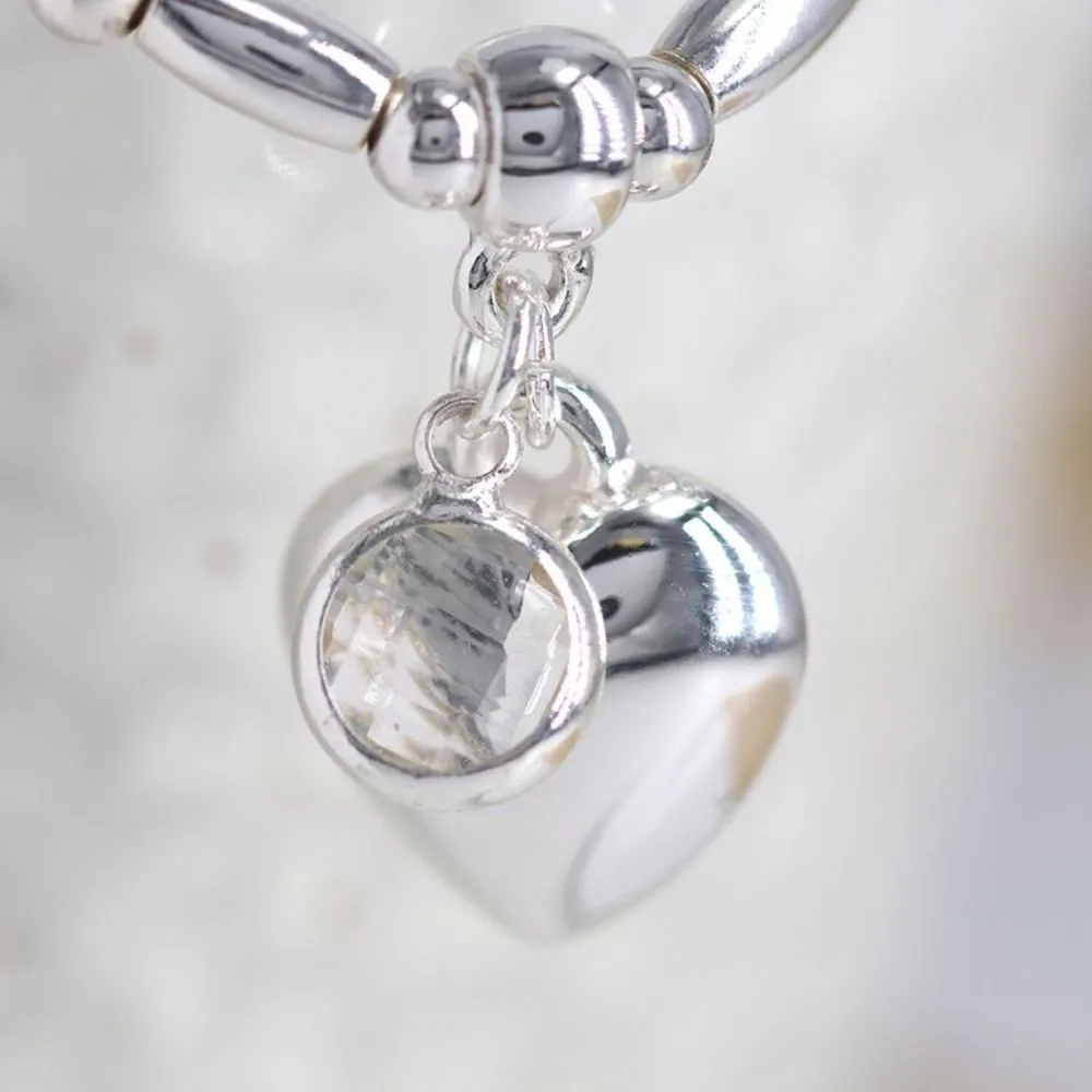 POM Silver Plated Stretch Bracelet with Crystal and Heart Charm