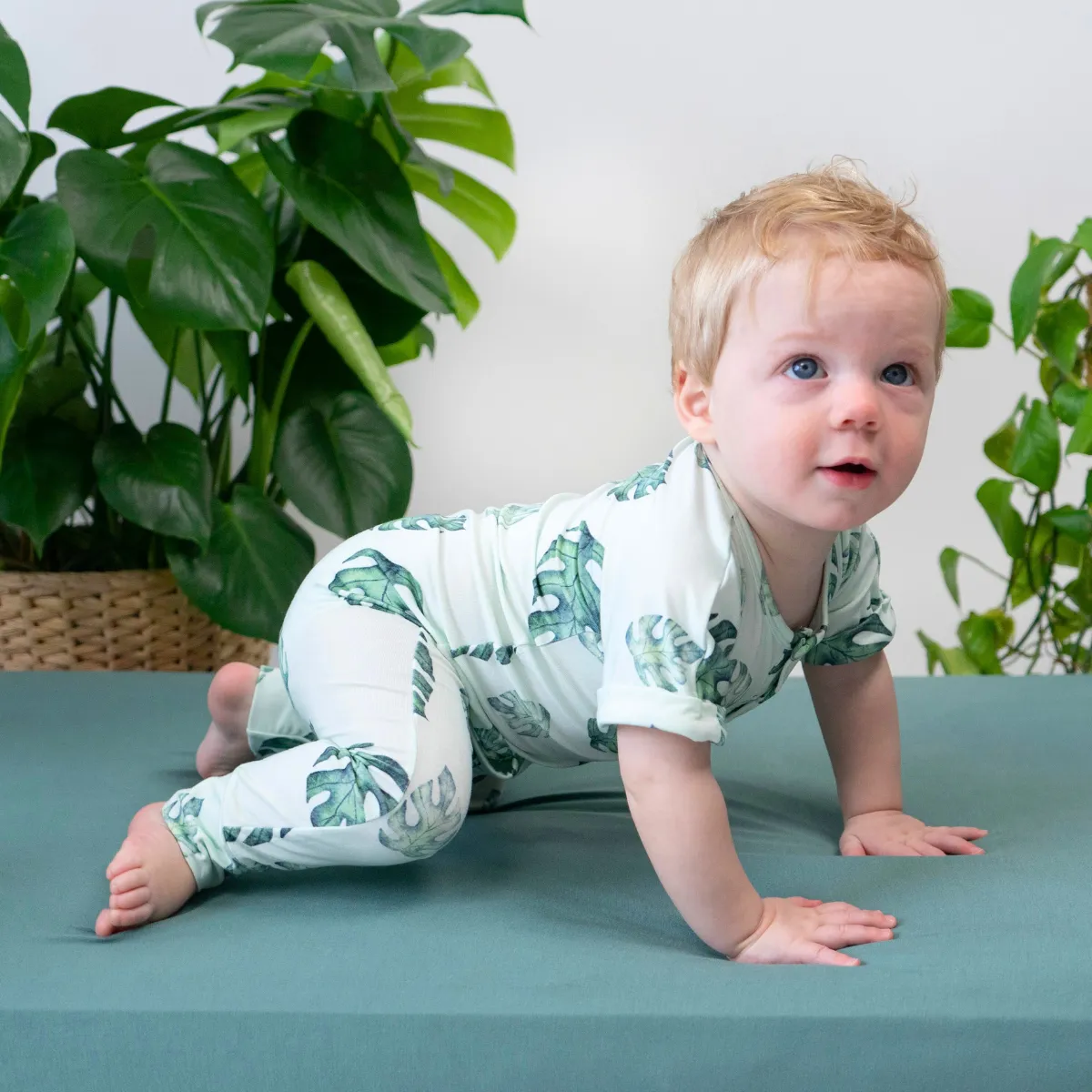 Short Sleeve Pocket Romper - Tropical Leaves