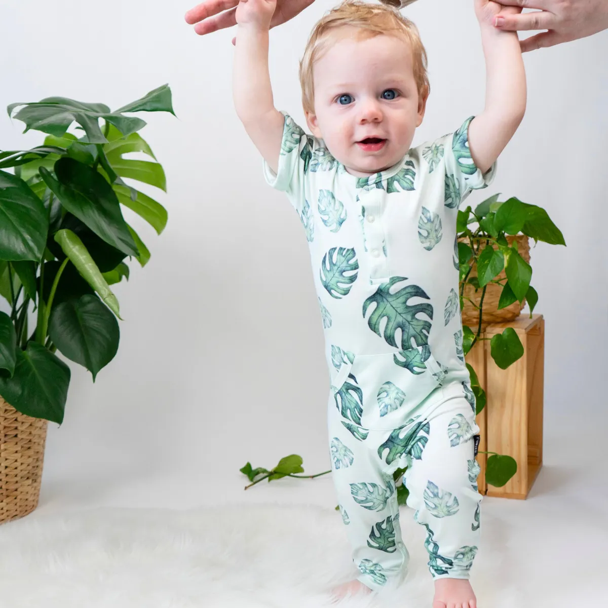 Short Sleeve Pocket Romper - Tropical Leaves