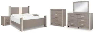 Surancha King Poster Bed with Mirrored Dresser, Chest and 2 Nightstands