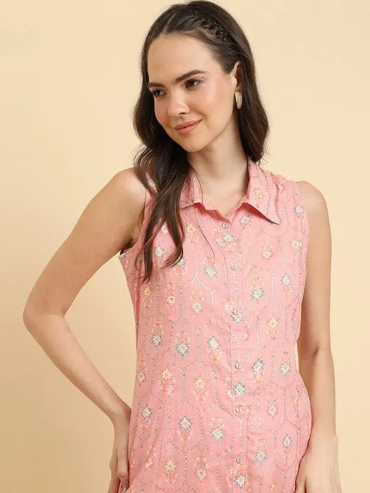 Varanga Women Pink Floral Printed Shirt Collar Kurta Paired With Tonal Printed Bottom