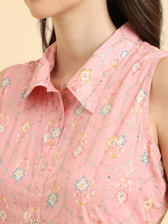 Varanga Women Pink Floral Printed Shirt Collar Kurta Paired With Tonal Printed Bottom