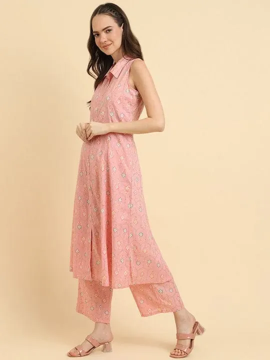 Varanga Women Pink Floral Printed Shirt Collar Kurta Paired With Tonal Printed Bottom