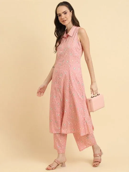 Varanga Women Pink Floral Printed Shirt Collar Kurta Paired With Tonal Printed Bottom