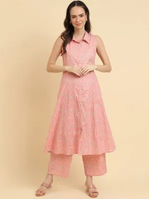 Varanga Women Pink Floral Printed Shirt Collar Kurta Paired With Tonal Printed Bottom