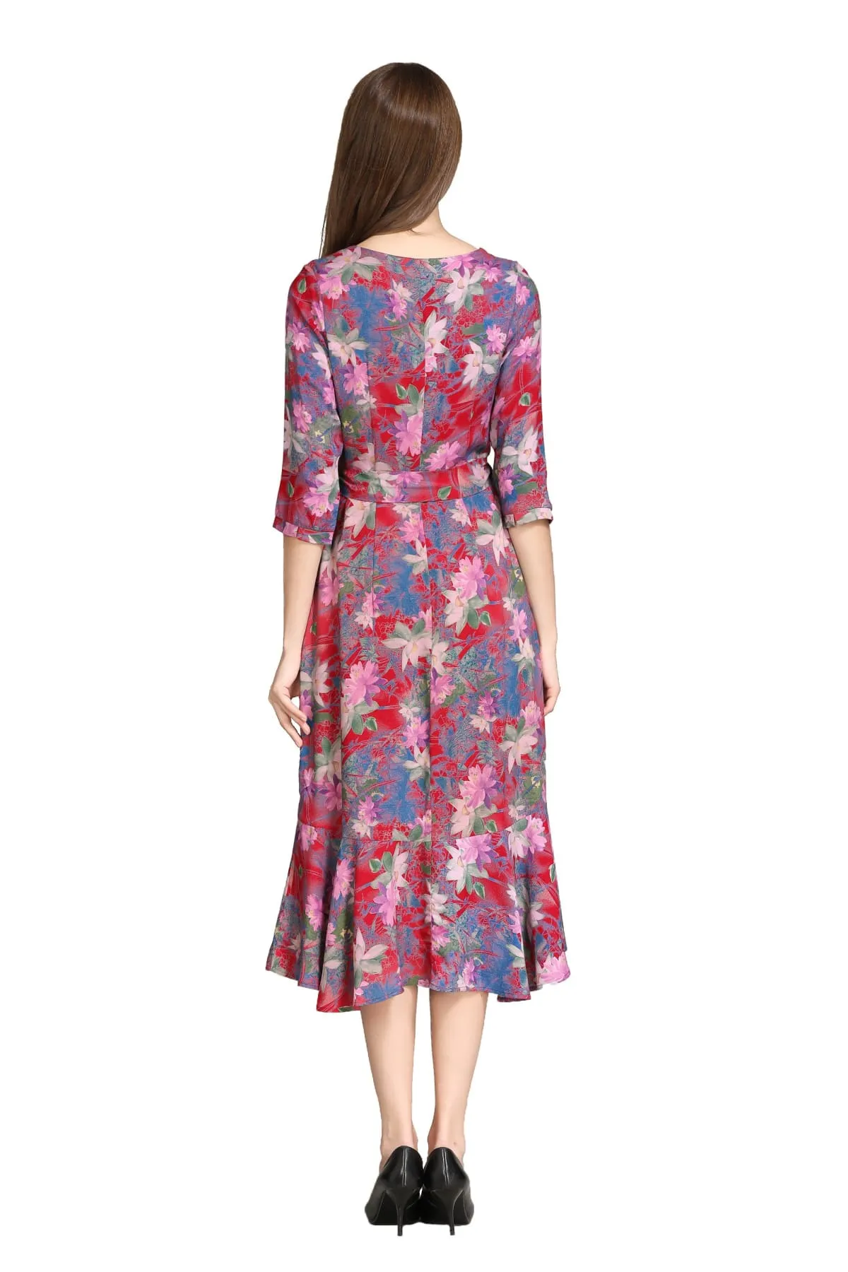 Watercolour Lotus Printed Blue & Red Ruffle Dress