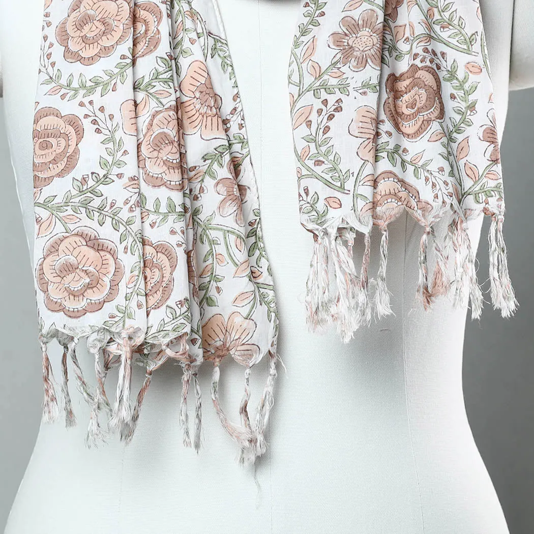 White - Sanganeri Block Printed Cotton Stole with Tassels 169