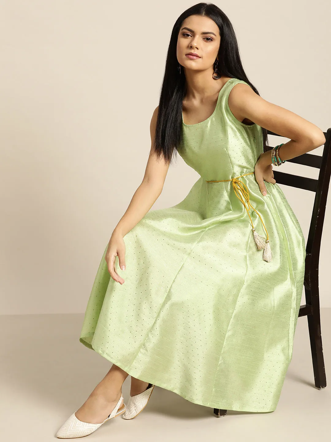 Women Mint Green Mukaish Work Anarkali Dress