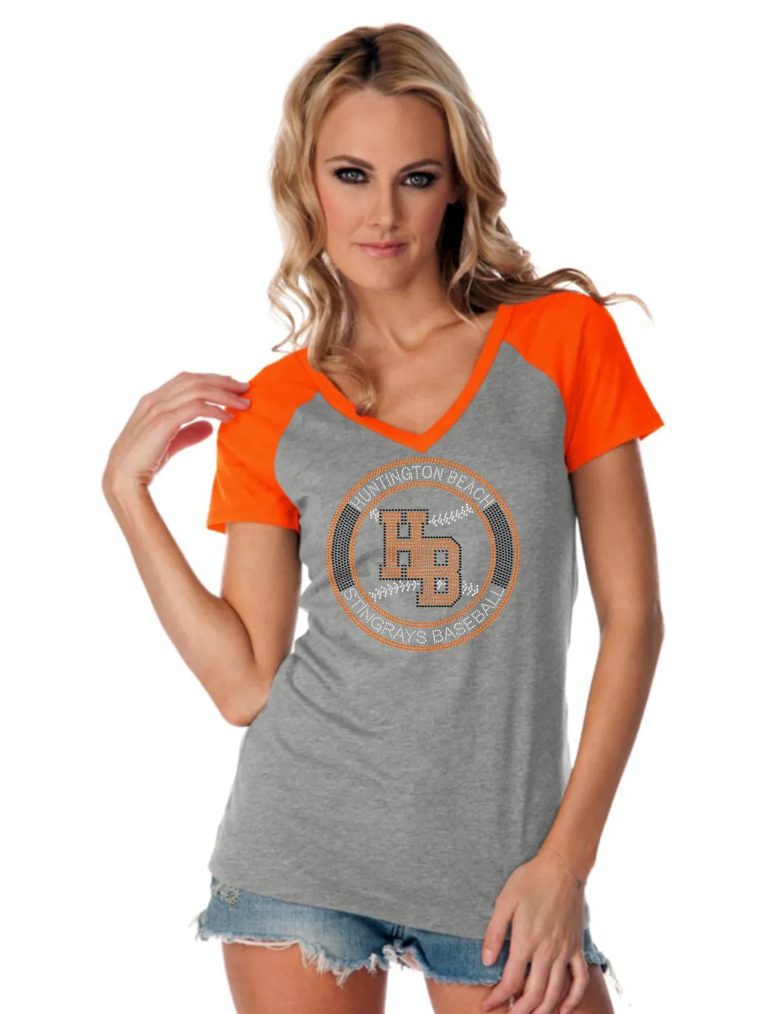 Women's Jersey Contrast V Neck Raglan Short Sleeve Tee-hbs