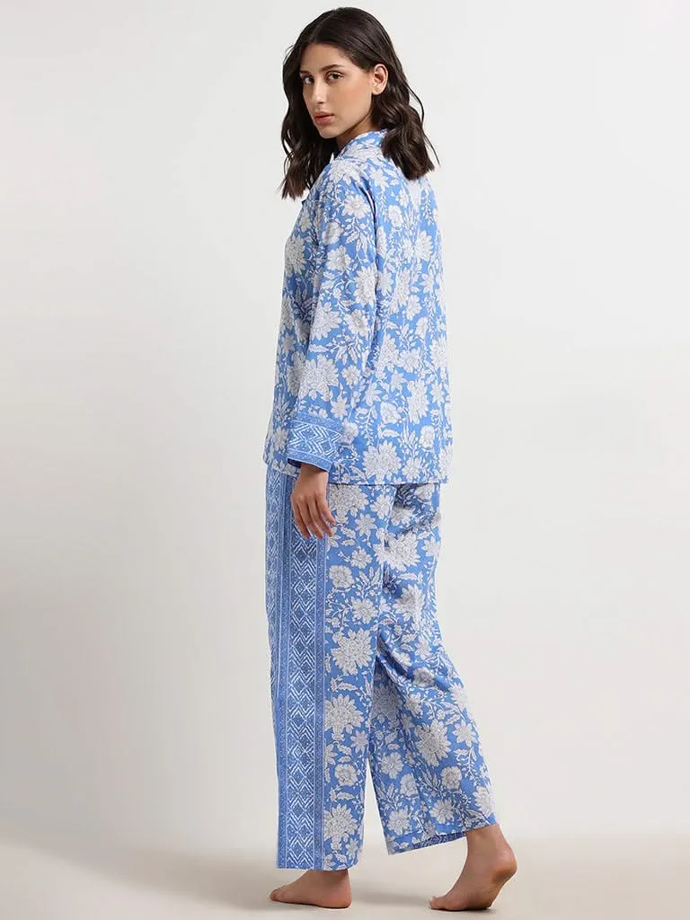 Wunderlove Blue Floral Printed Cotton Shirt and Pyjama Set