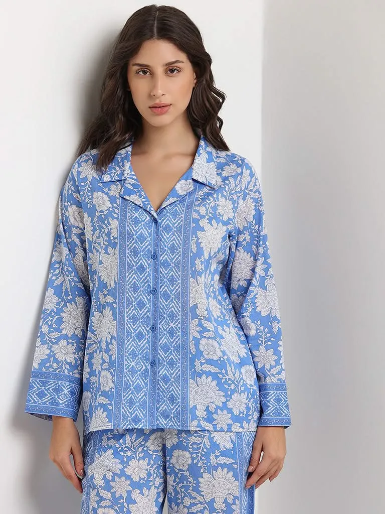 Wunderlove Blue Floral Printed Cotton Shirt and Pyjama Set